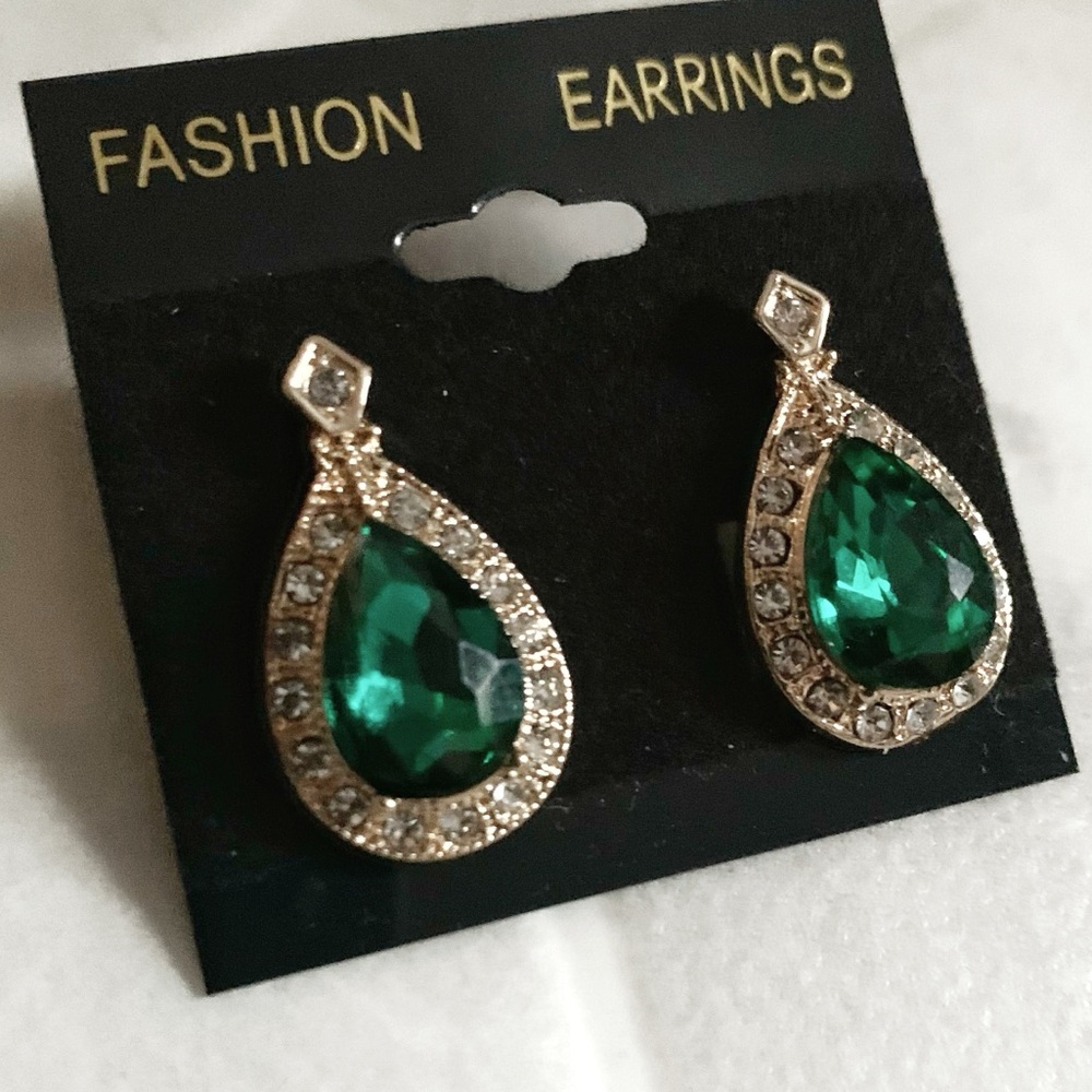 Formal Prom Teardrop Emerald Green Pave Statement Earrings